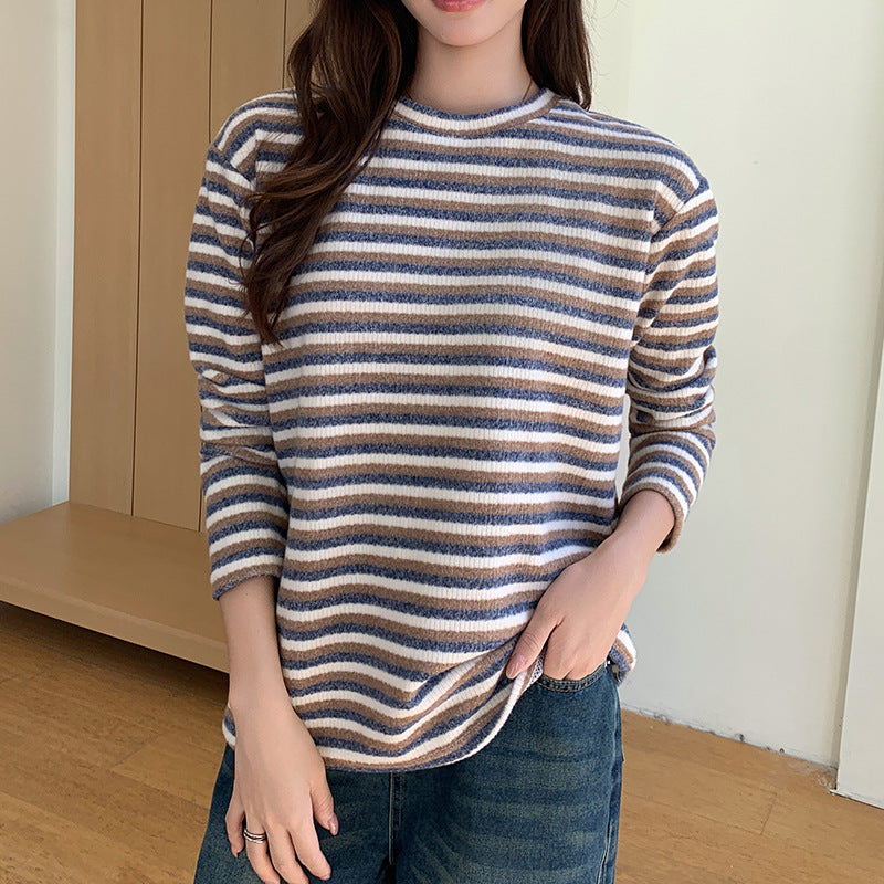 Striped round neck loose T-shirt top