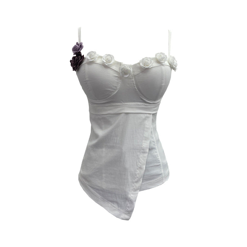 Three dimensional rose elastic strapless irregular short sleeveless top