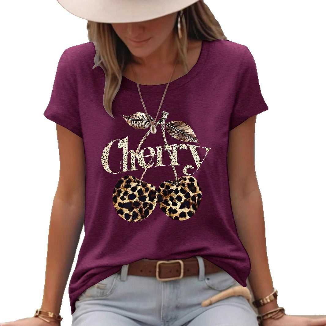T-shirt short sleeved women's Cherry leopard print cherry round neck