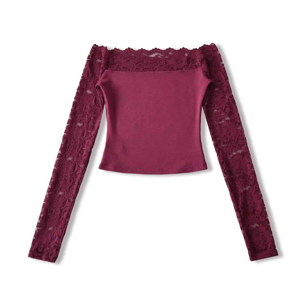 Lace Off-Shoulder Long Sleeve T-Shirt for Women, Sexy Hollow Out Fitted Crop Top, Pure Desire Style, Unique Streetwear Design