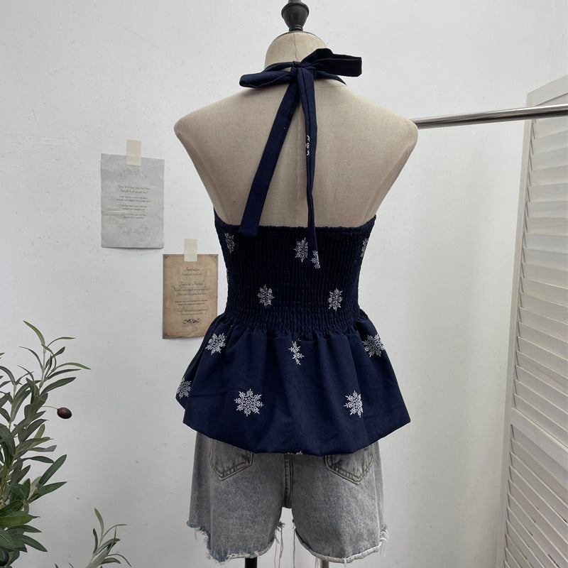 Hanging neck tie backless embroidered sleeveless top