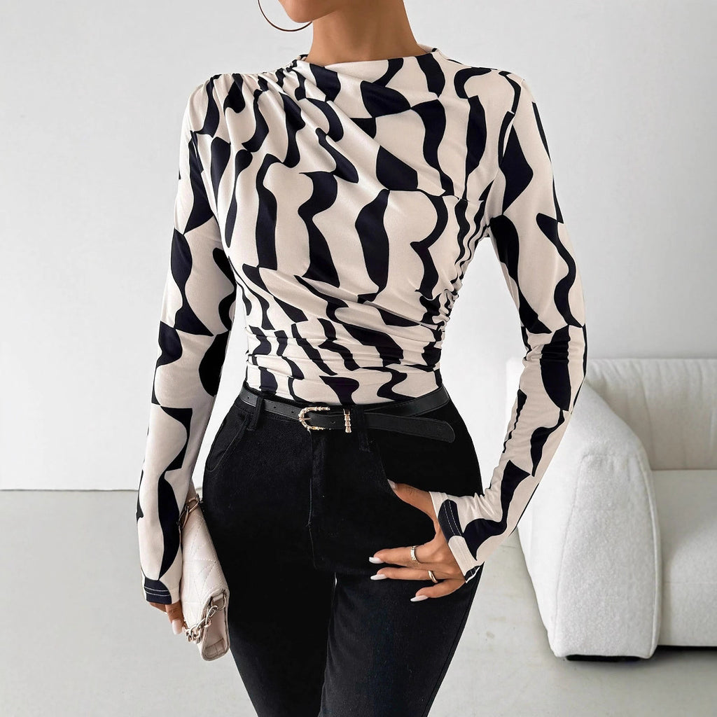 Wrinkled edge printed slim fit top for women