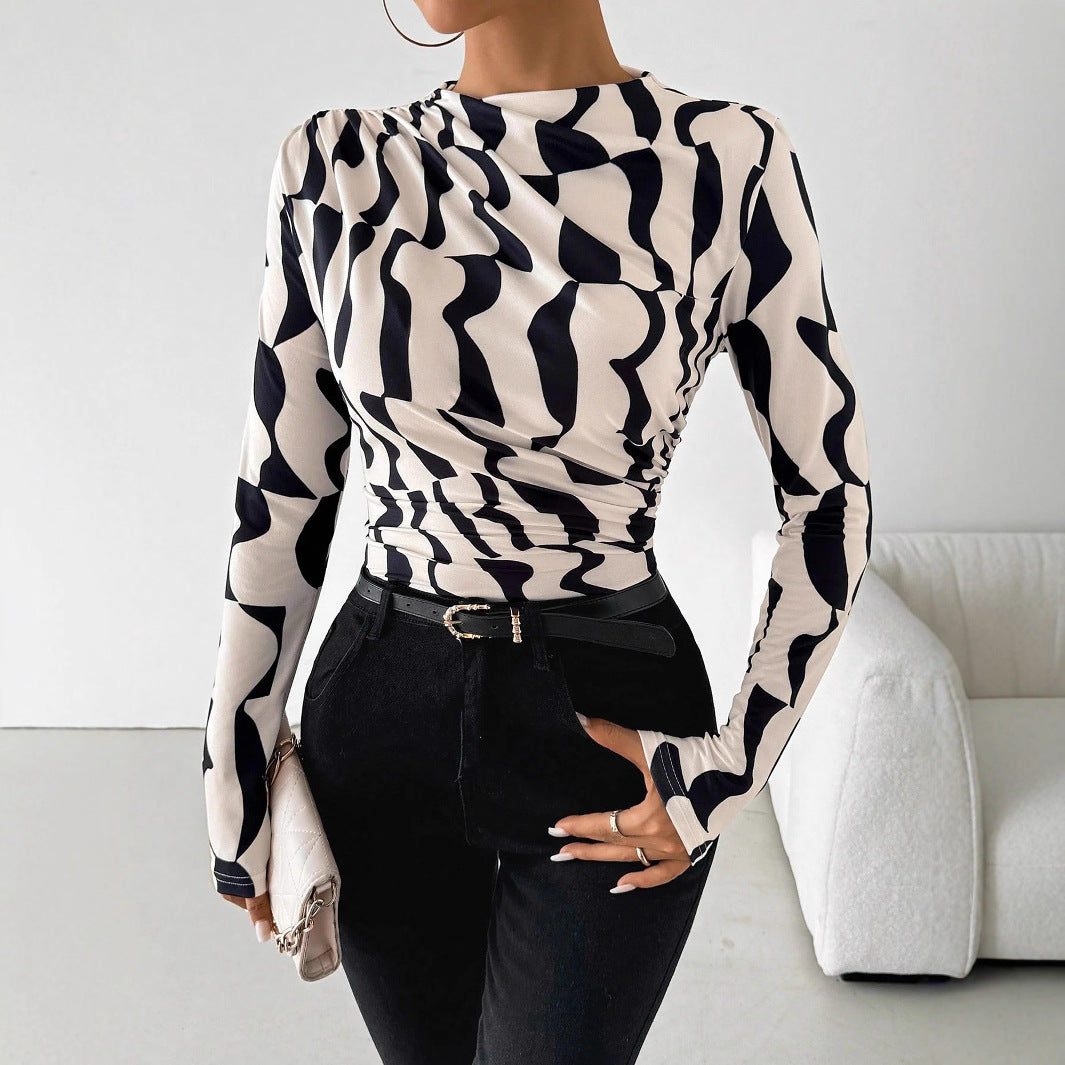 Wrinkled edge printed slim fit top for women