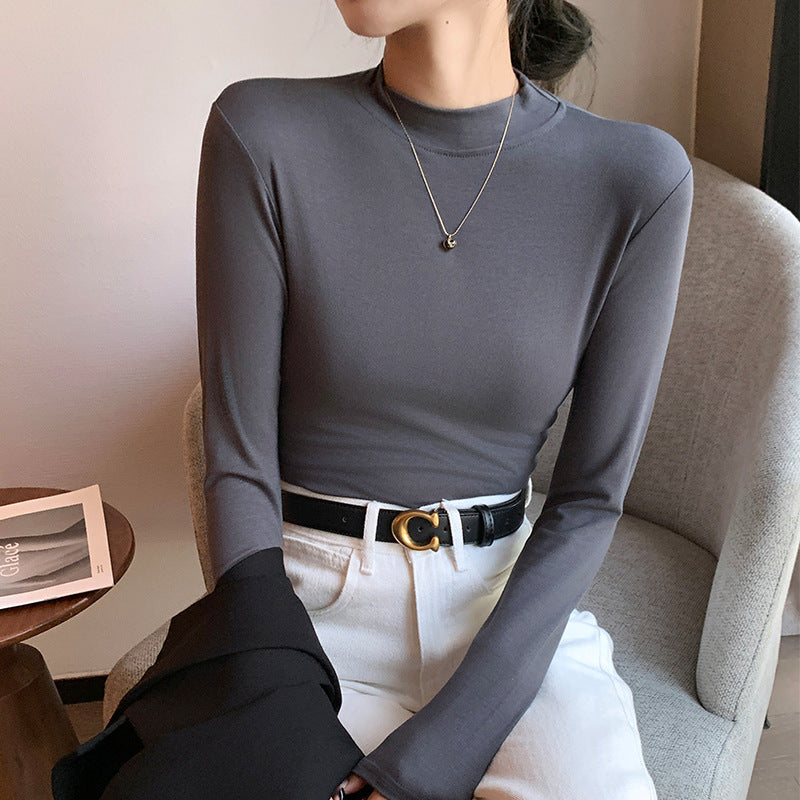 Women's long sleeved T-shirt with small stand up collar top