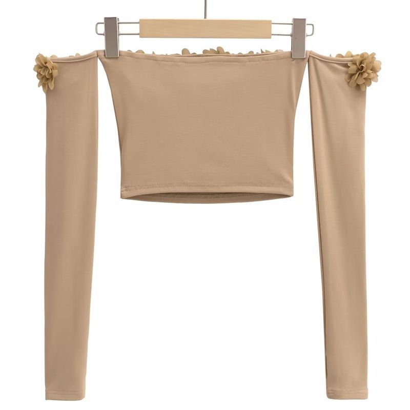 Elegant Fashion Floral Embellished Off-the-Shoulder Long Sleeve T-Shirt Autumn Fitted Slimming Inner Wear Chic Youthful Top