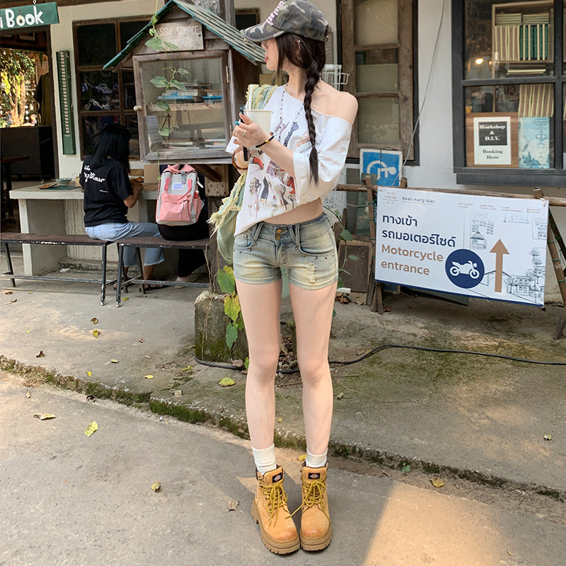 Low-Waist Stud Denim Ultra-Short Pants Summer Skinny Bodycon Fitted Ripped Hot Pants
