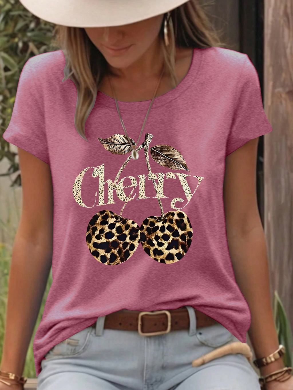 T-shirt short sleeved women's Cherry leopard print cherry round neck
