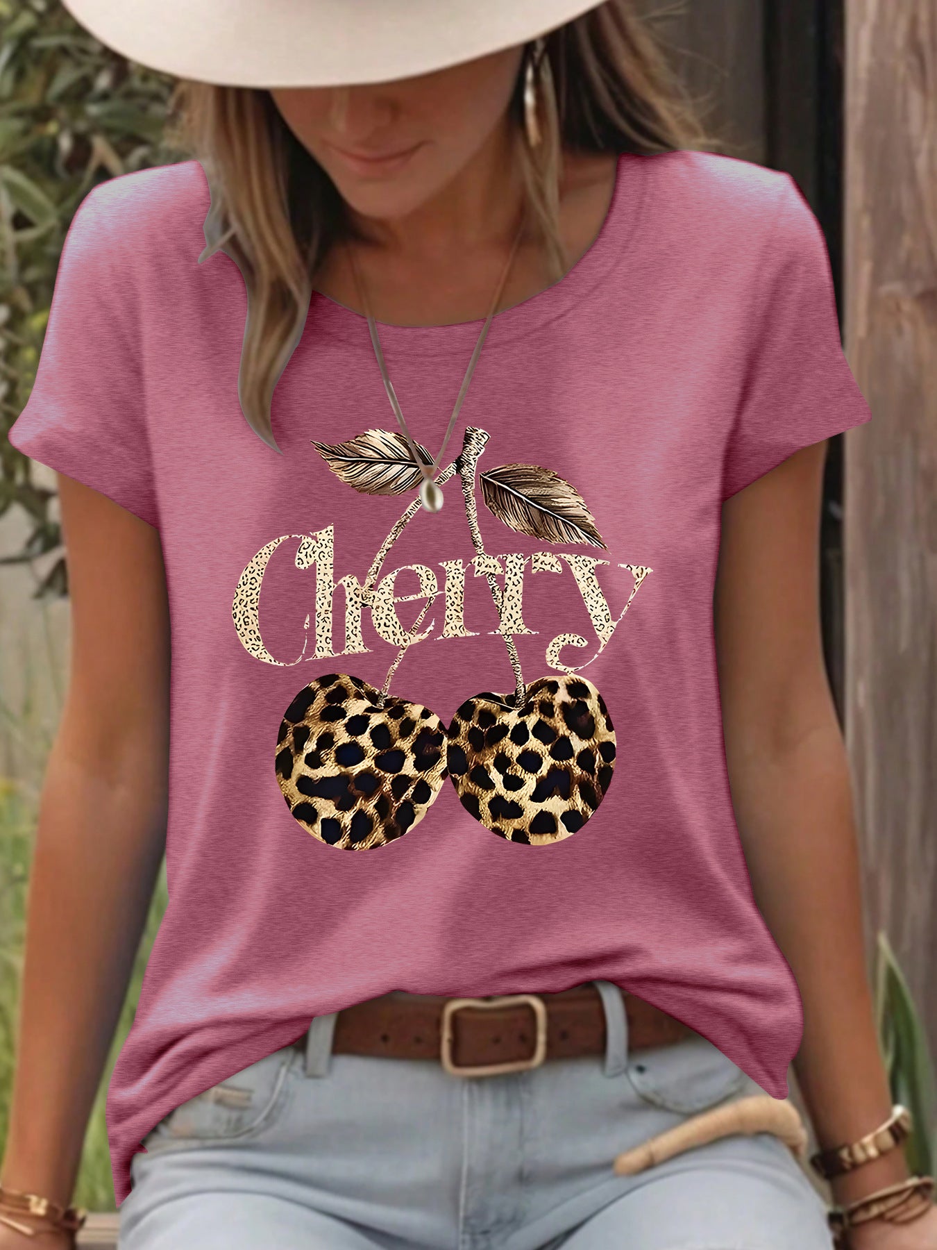 T-shirt short sleeved women's Cherry leopard print cherry round neck