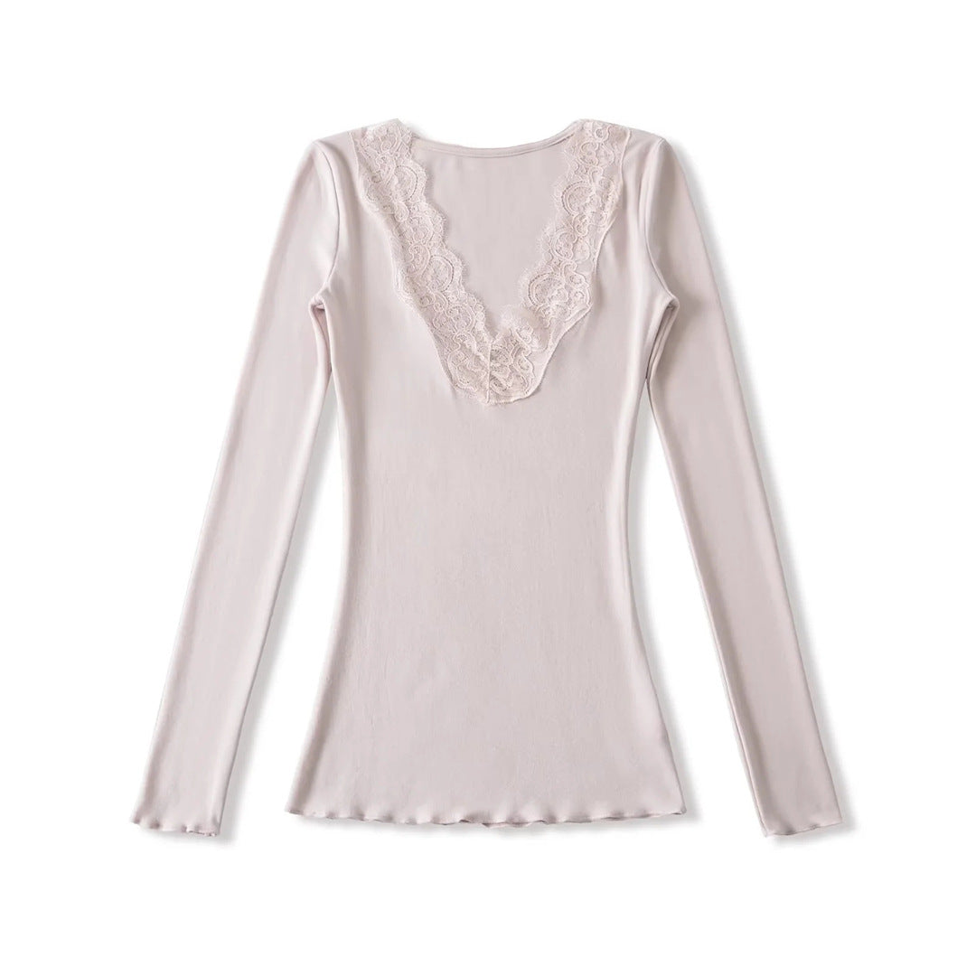 Pure Desire Style Sexy Lace Patchwork V-Neck Long Sleeve T-Shirt for Women  Vintage Fitted Inner Layer Basic Top Solid Color