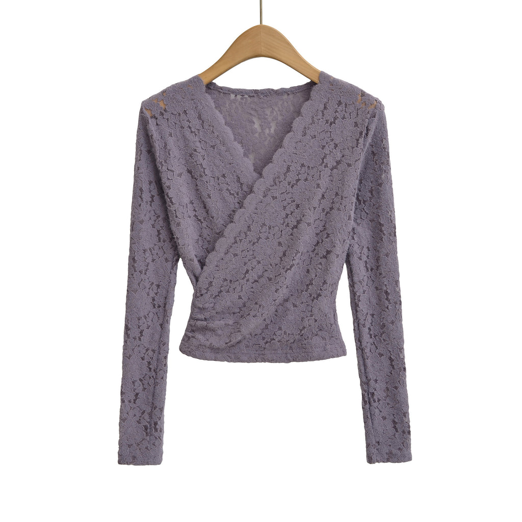 V-neck brushed lace outerwear short top T-shirt