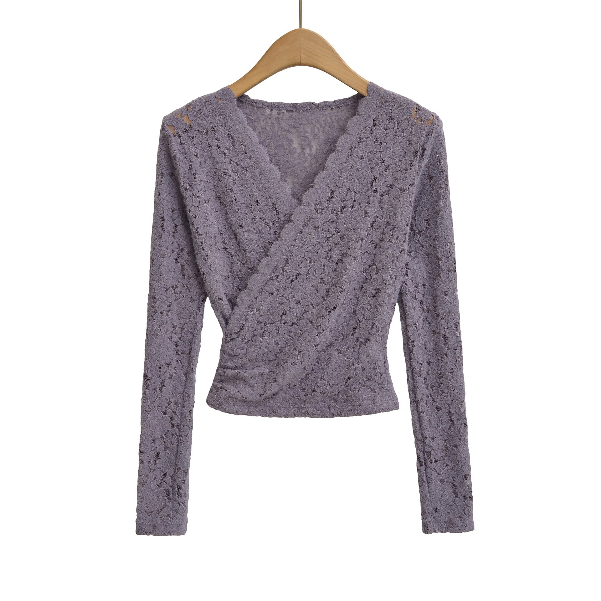 V-neck brushed lace outerwear short top T-shirt