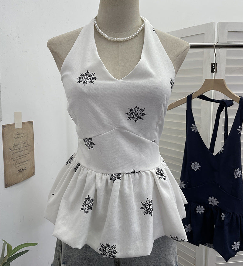 Hanging neck tie backless embroidered sleeveless top