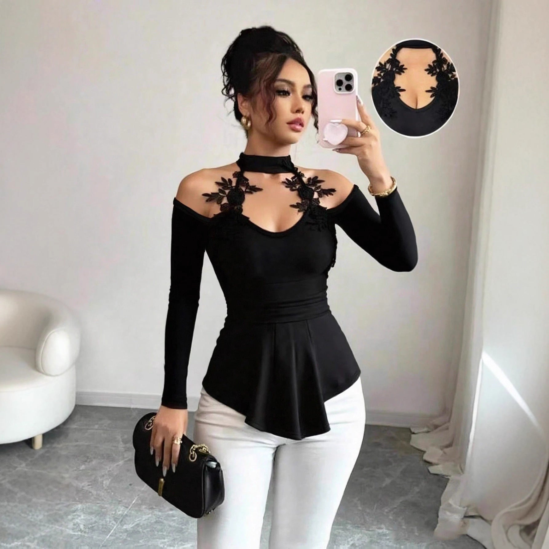 Hollow out shoulder pleated curved hem slim fit top