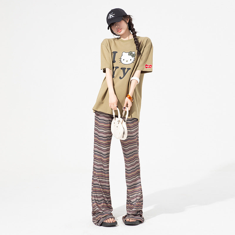 Women's Street Color Block Striped Brown Drawstring Slimming Flared Casual Trousers