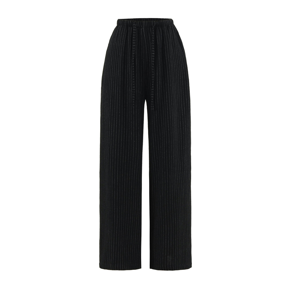 Casual Striped Drawstring Pants for Women Summer Loose Cotton Linen Straight Leg Relaxed Wide Leg Floor-Length Trousers