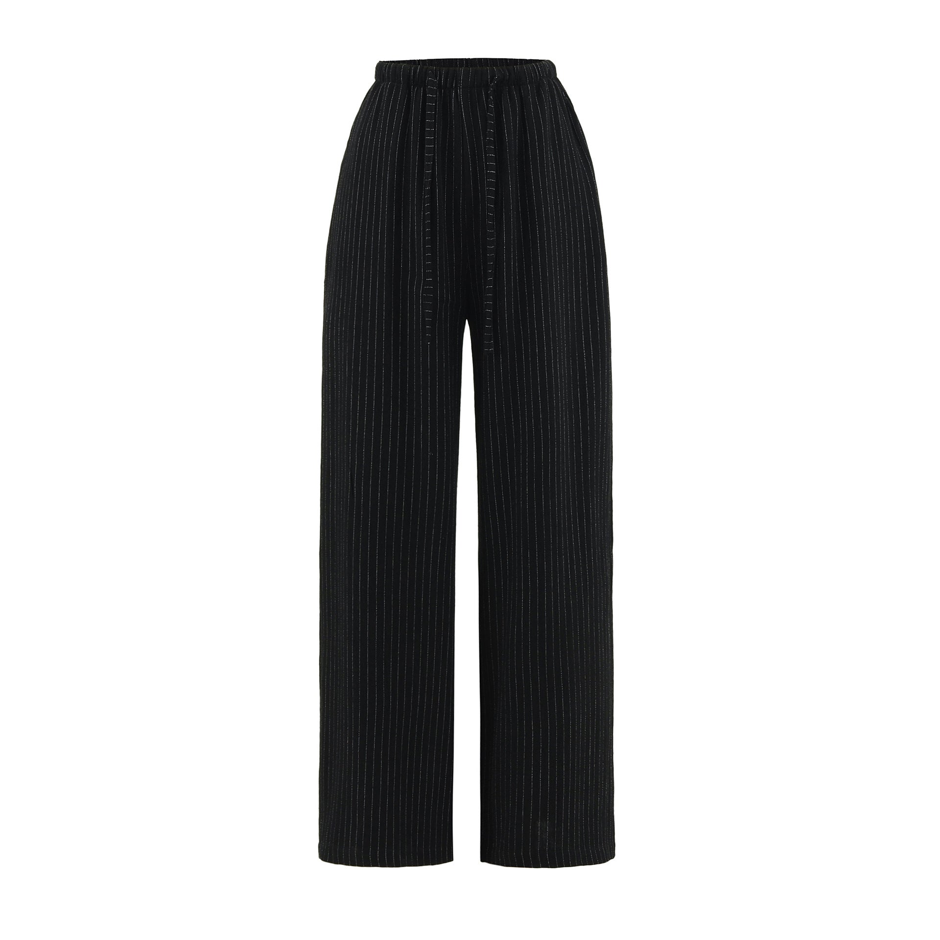Casual Striped Drawstring Pants for Women Summer Loose Cotton Linen Straight Leg Relaxed Wide Leg Floor-Length Trousers