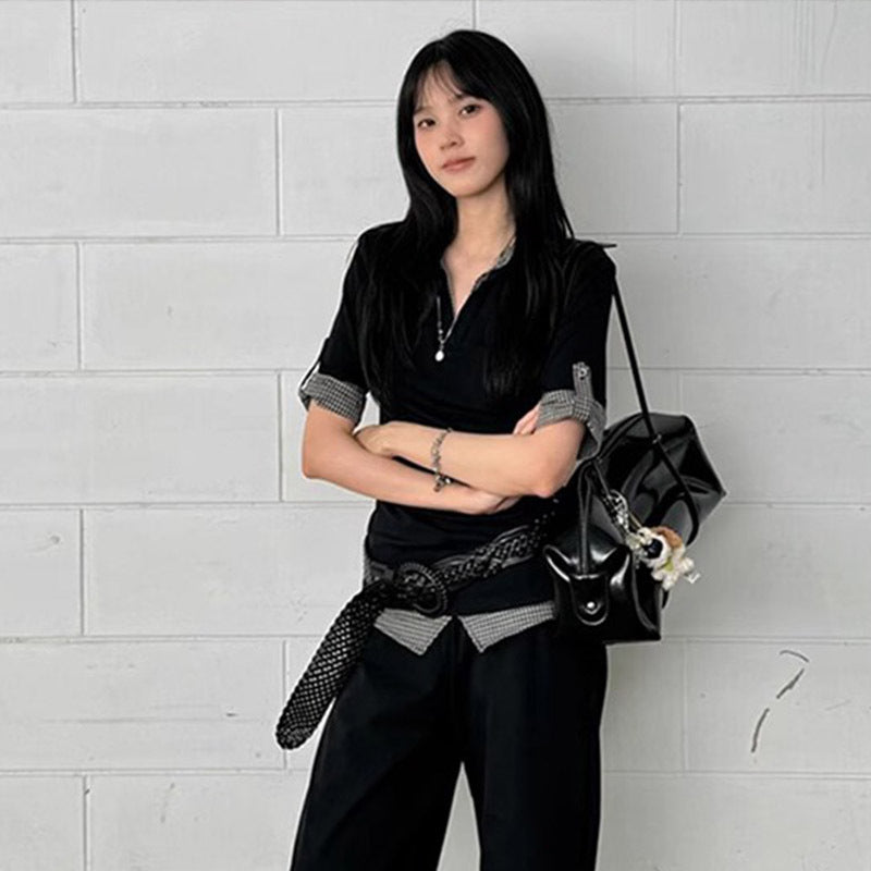 College Style Short Sleeve Women's Summer Color Block Plaid Fake Two-Piece Fitted T-Shirt Sweet and Spicy Top