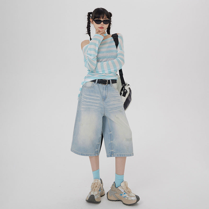 Women's  Loose Wide-Leg Jeans High-Waist Straight Leg Pants with  Frayed Details