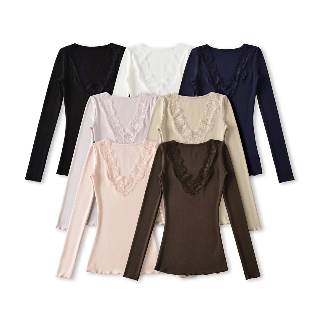 Pure Desire Style Sexy Lace Patchwork V-Neck Long Sleeve T-Shirt for Women  Vintage Fitted Inner Layer Basic Top Solid Color