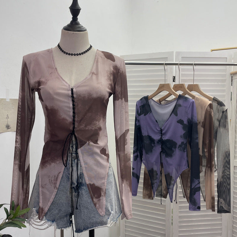 V-neck lace up hollow irregular long sleeved T-shirt top