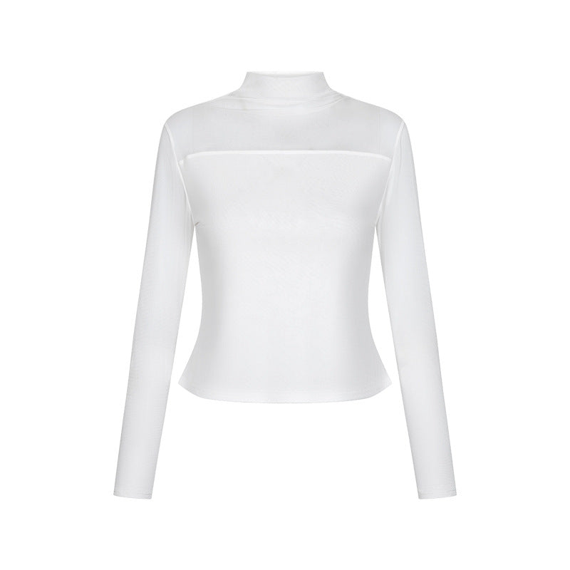 Half high collar lace double layered mesh women's long sleeved t-shirt