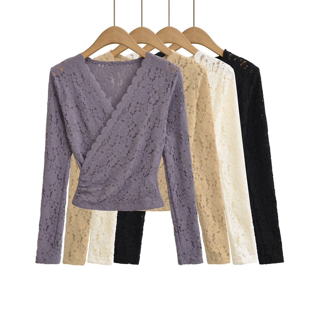 V-neck brushed lace outerwear short top T-shirt