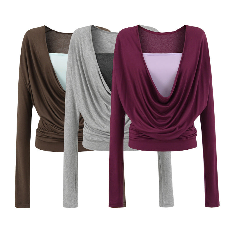 Swing collar contrasting fake two piece long sleeved top