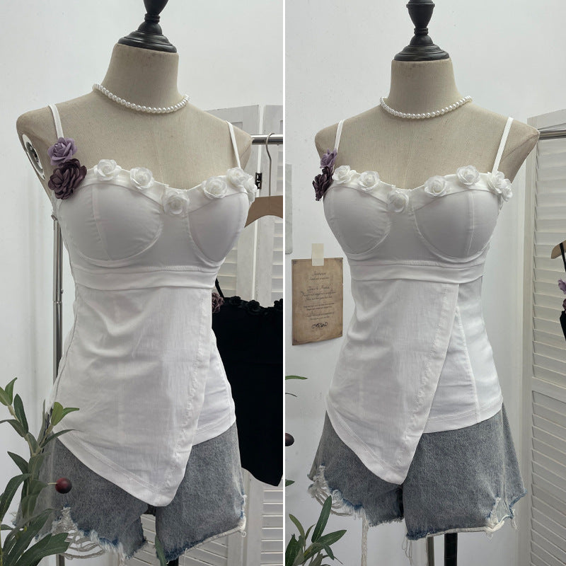 Three dimensional rose elastic strapless irregular short sleeveless top