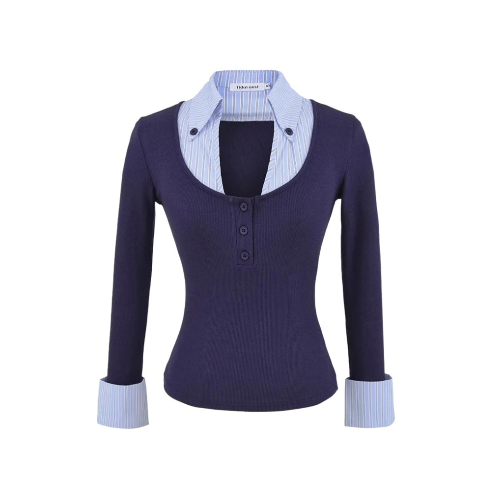 Spring Fake Two-Piece Turn-Down Collar Spliced Stripe Color-Blocking Three-Quarter Sleeve T-Shirt Fitted Waist-In Top