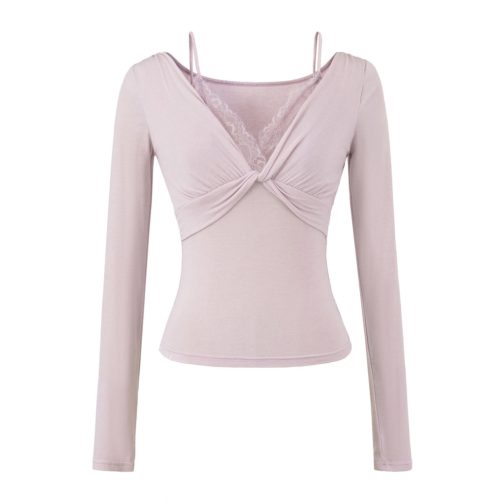 Twisted lace long sleeved T-shirt for women