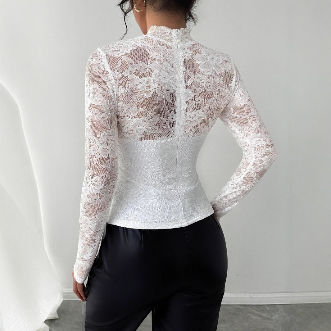 Lace patchwork back zipper long sleeved slim fit top for women