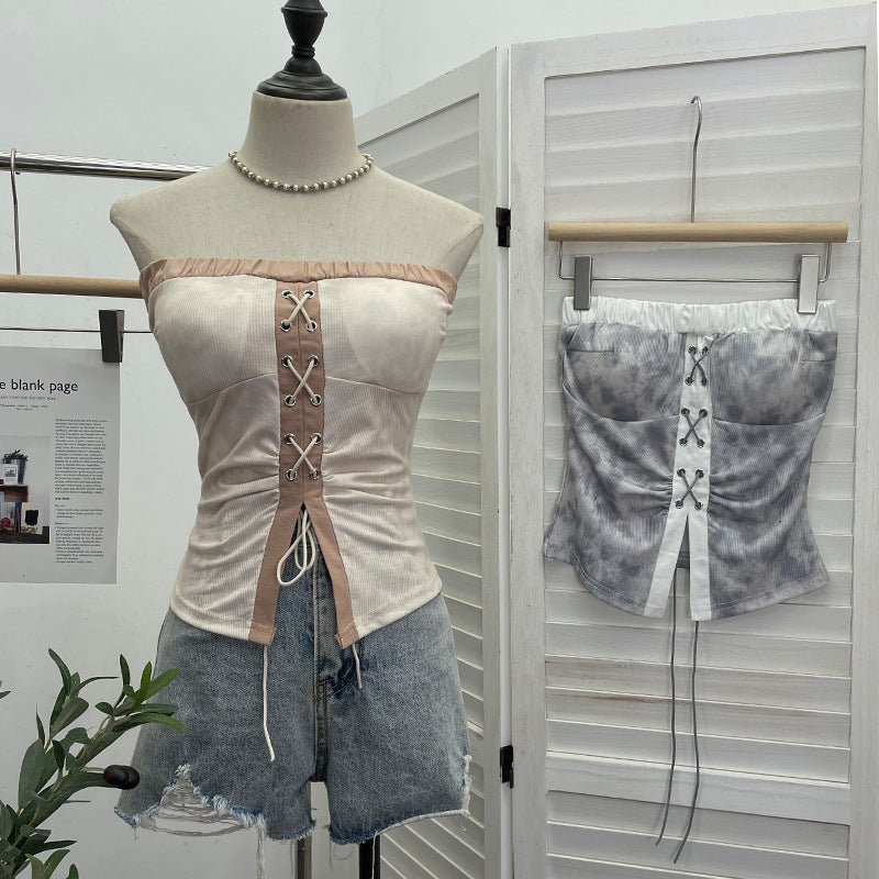 Tie dye strapless lace up top for women