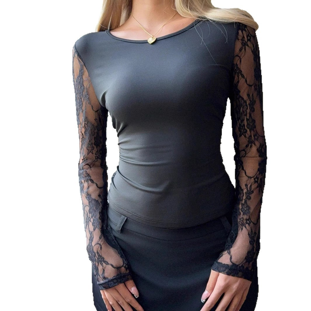 Lace patchwork round neck top for women