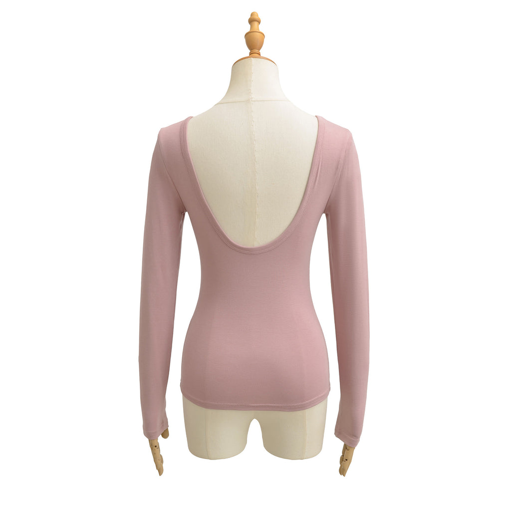Low neck sexy backless elastic slim fit figure enhancing long sleeved T-shirt