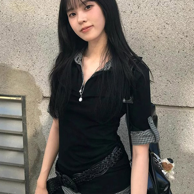 College Style Short Sleeve Women's Summer Color Block Plaid Fake Two-Piece Fitted T-Shirt Sweet and Spicy Top