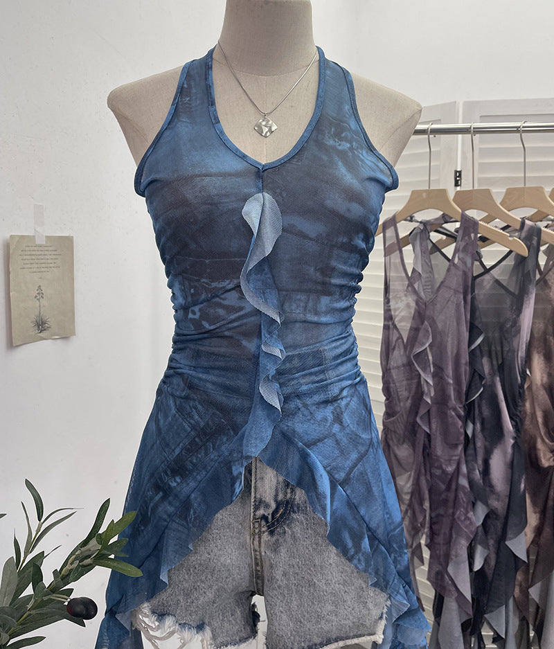 Tie dye neck hanging sleeveless top