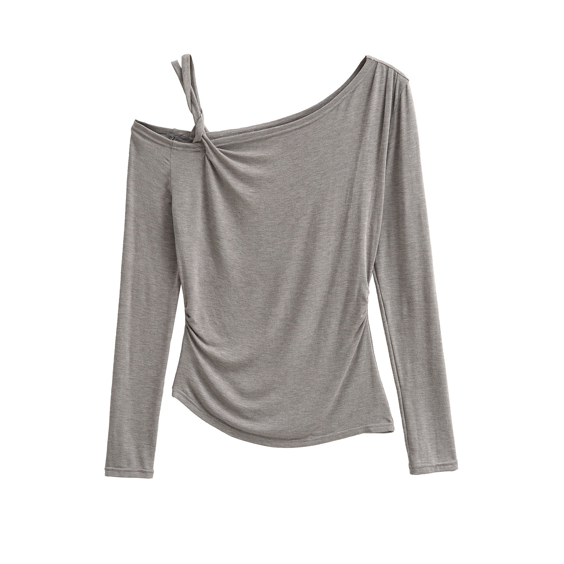 Slant neck twisted off shoulder pleated casual long sleeved base T-shirt