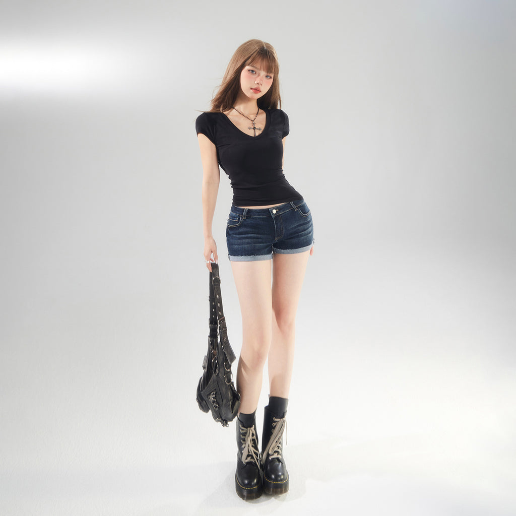 Women's  Low Waist Cuffed Elastic Denim Shorts Summer Slimming Versatile A-Line Hot Pants