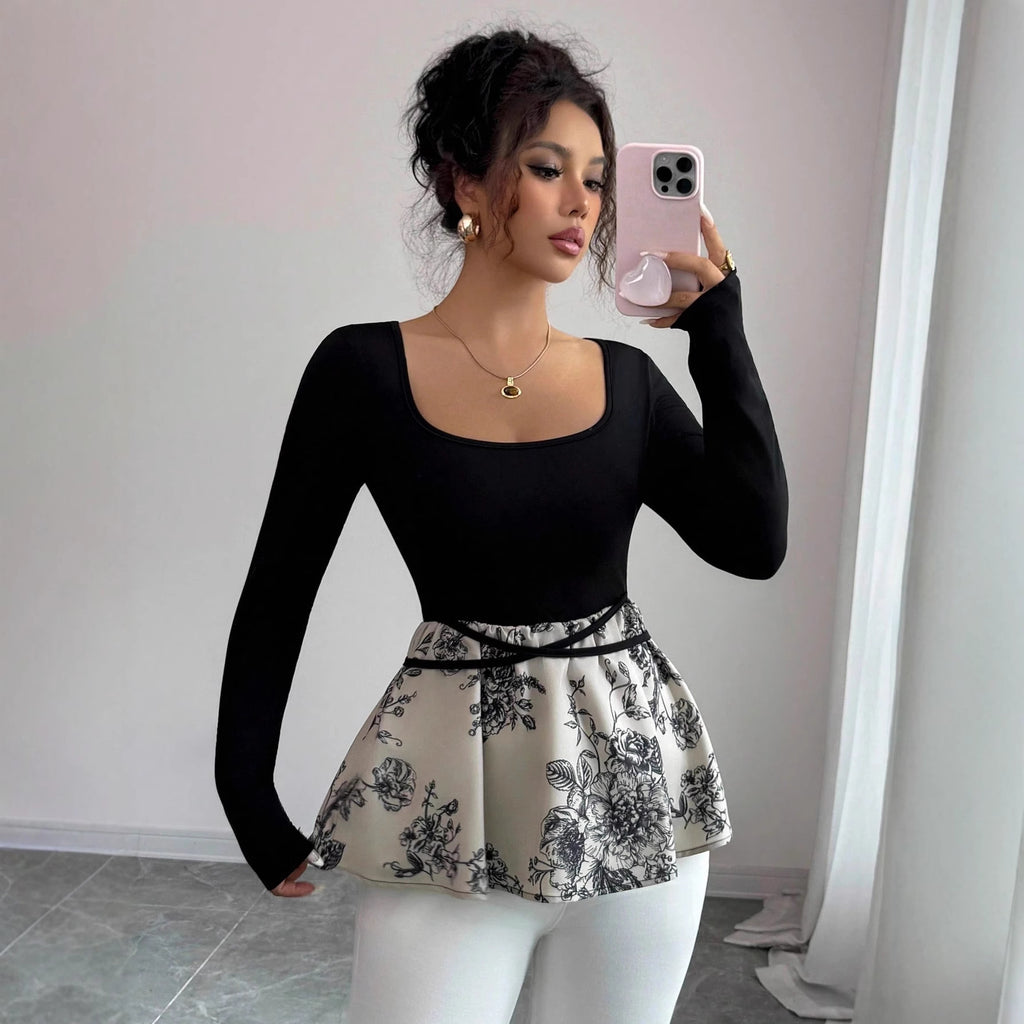 Square collar lace up slim fit top