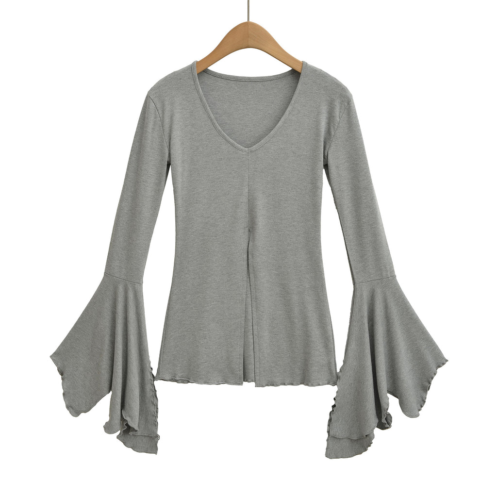 Sexy V-neck flared sleeves split bottom top T-shirt
