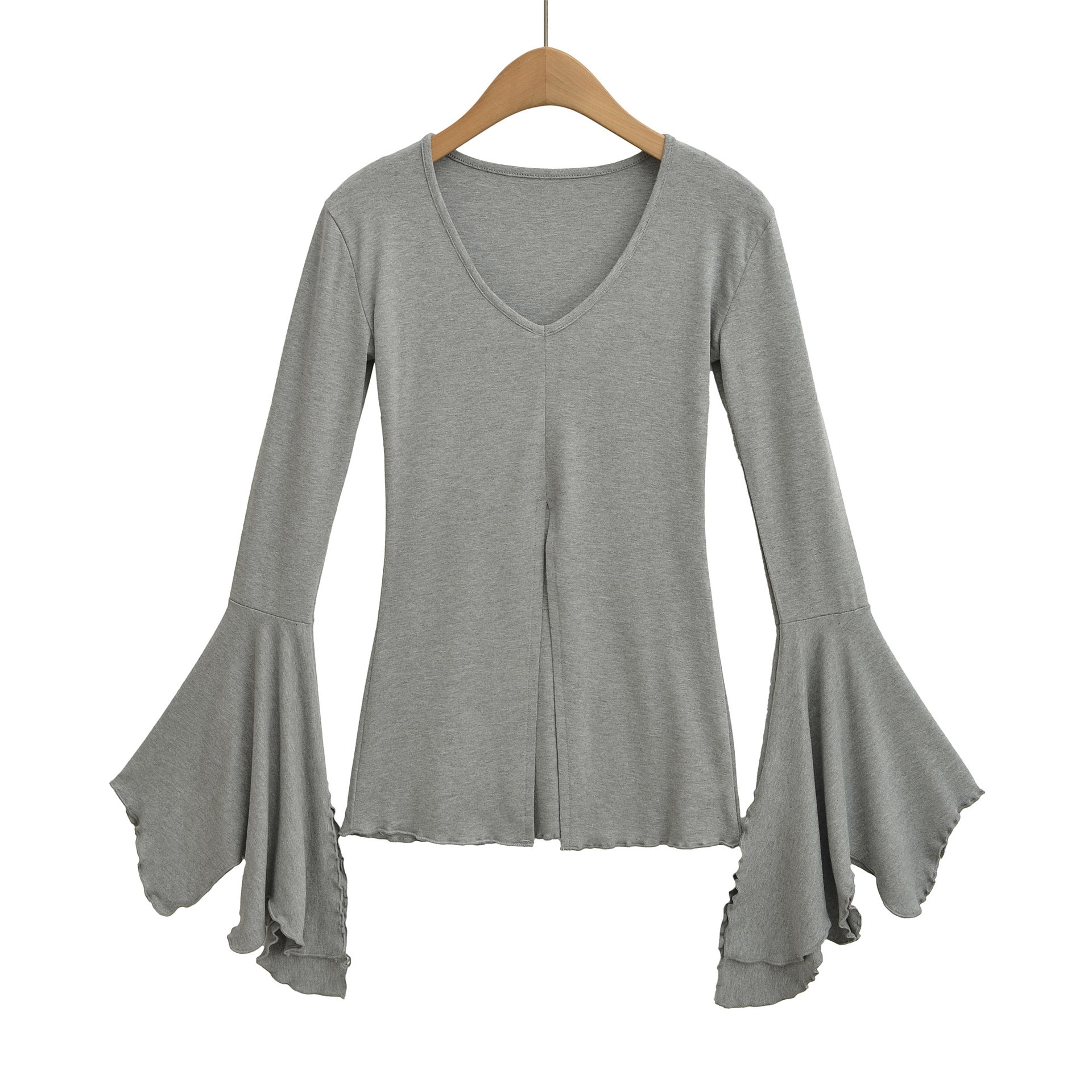 Sexy V-neck flared sleeves split bottom top T-shirt