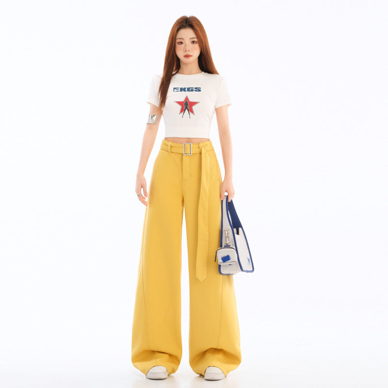 White Wide-Leg Knife-Edge Denim Pants for Women Loose Fit