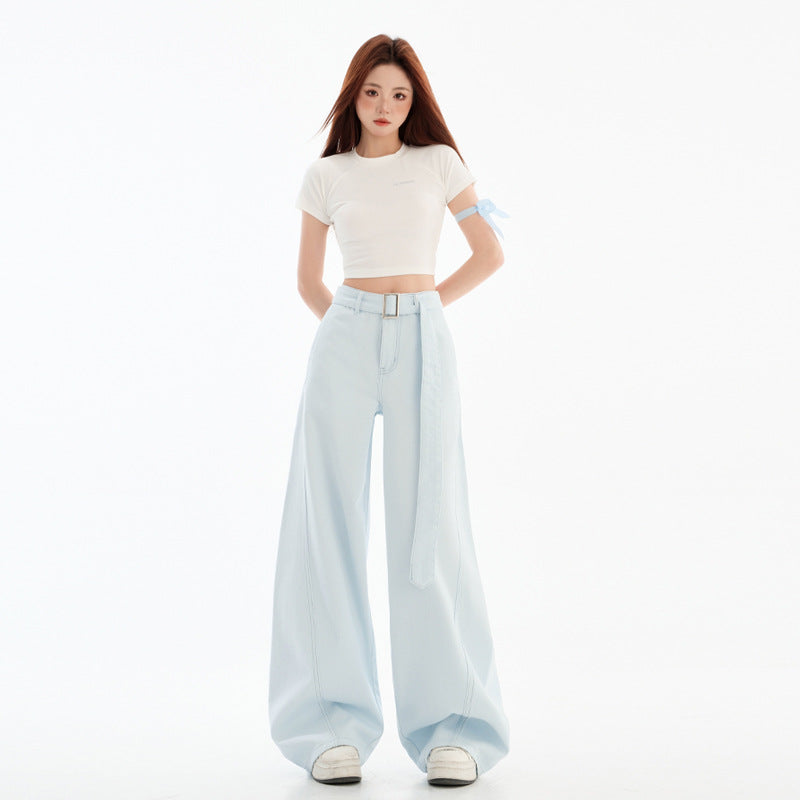 White Wide-Leg Knife-Edge Denim Pants for Women Loose Fit