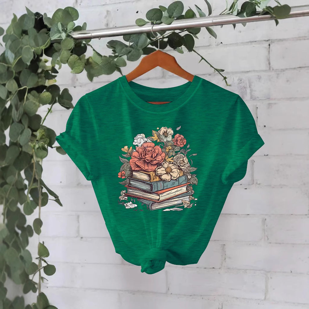 Flower Book New Round Neck Loose Short Sleeve
