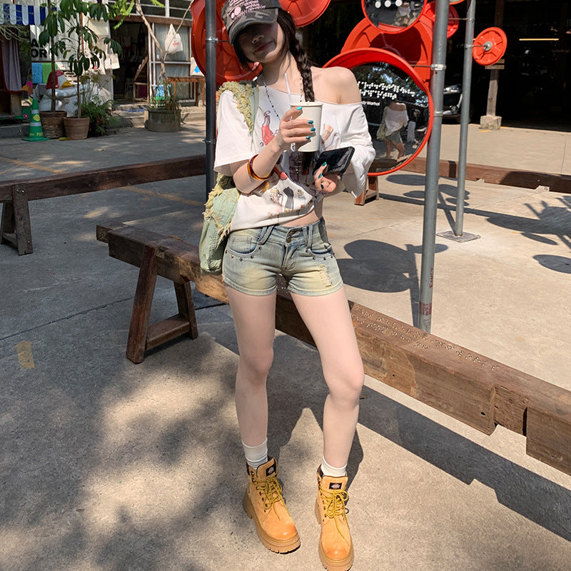 Low-Waist Stud Denim Ultra-Short Pants Summer Skinny Bodycon Fitted Ripped Hot Pants