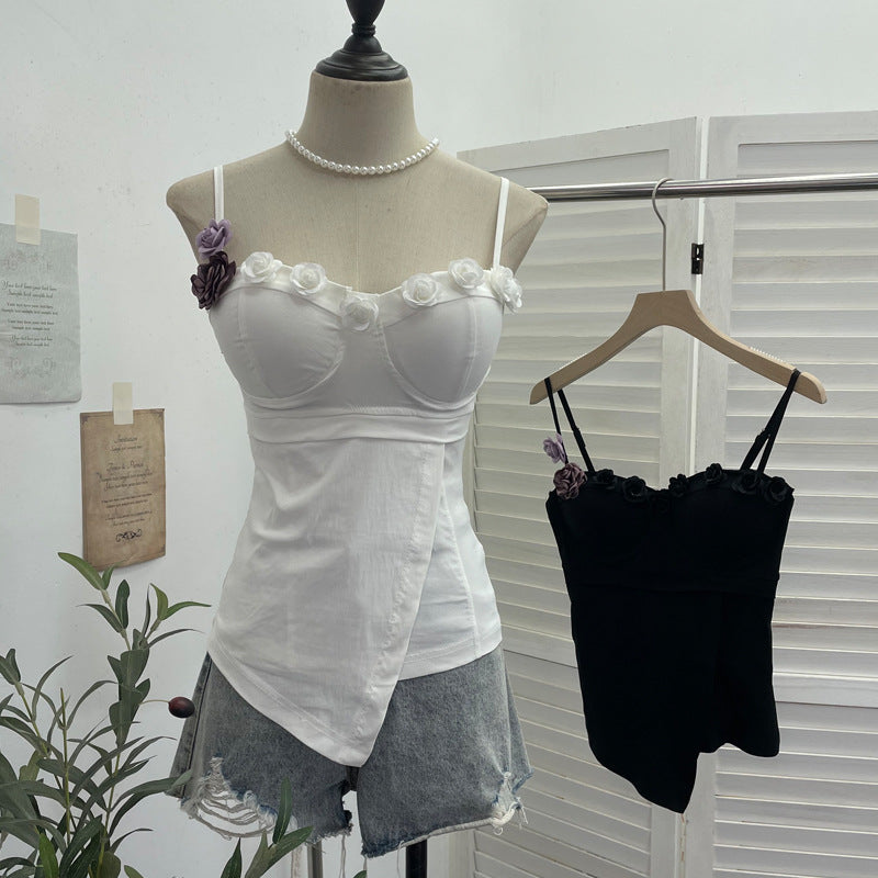 Three dimensional rose elastic strapless irregular short sleeveless top
