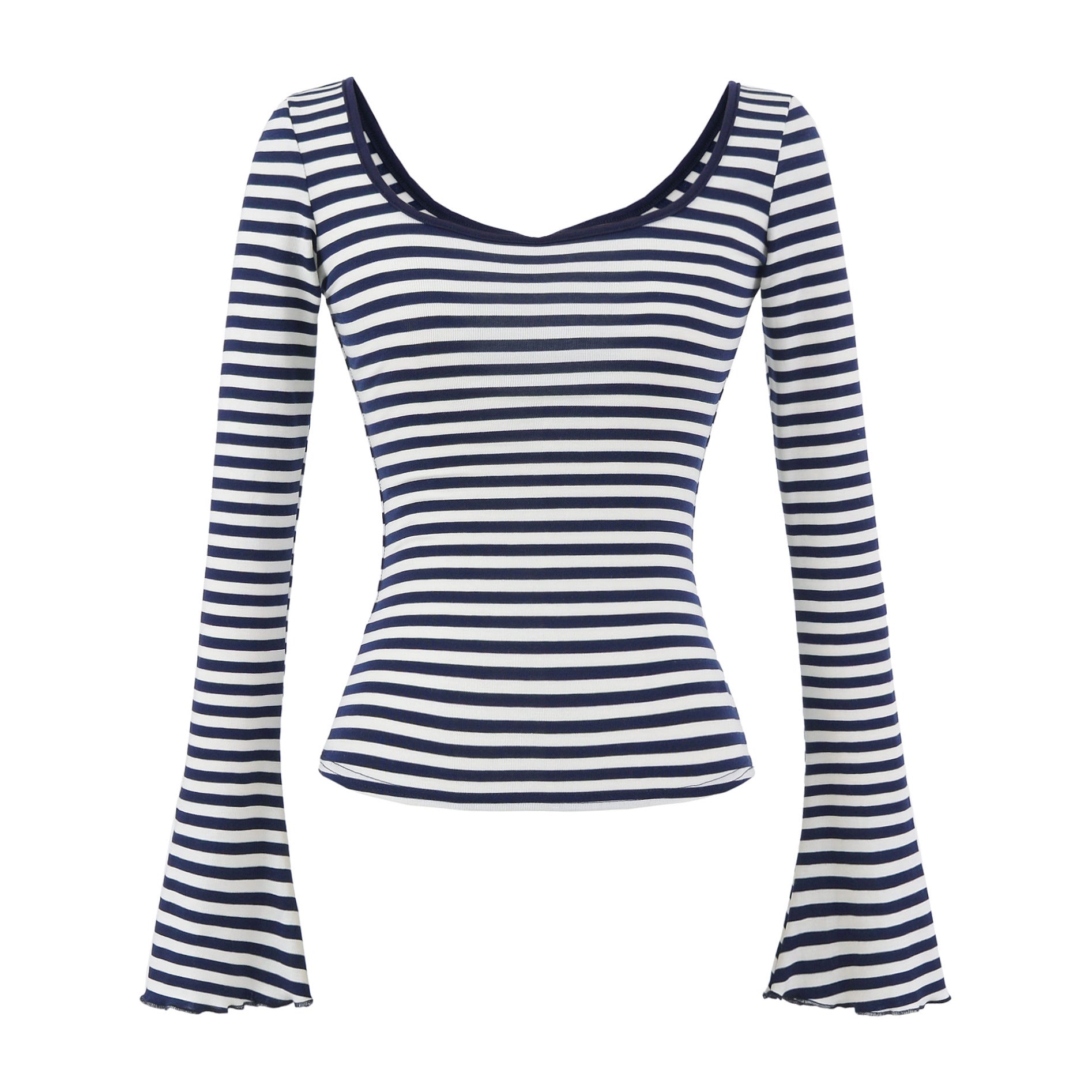 U-neck striped long sleeved elastic T-shirt tight top