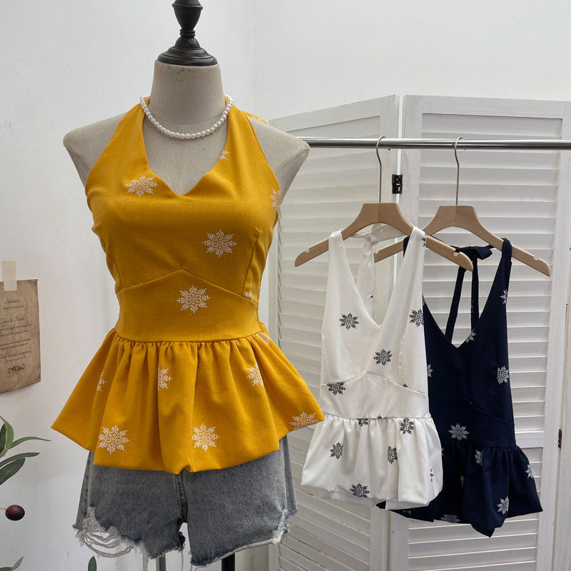 Hanging neck tie backless embroidered sleeveless top