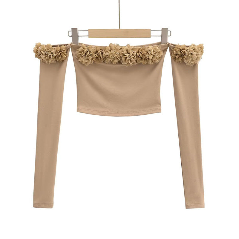 Elegant Fashion Floral Embellished Off-the-Shoulder Long Sleeve T-Shirt Autumn Fitted Slimming Inner Wear Chic Youthful Top