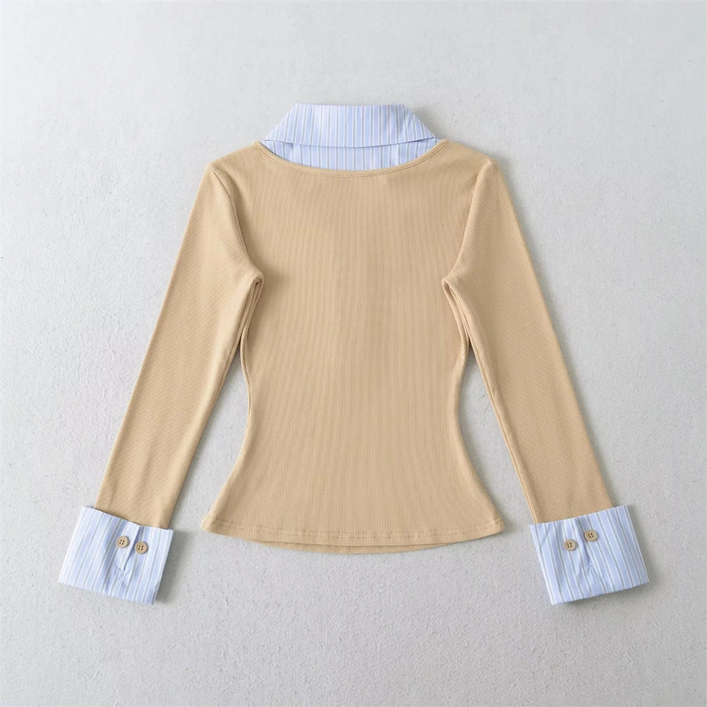 Spring Fake Two-Piece Turn-Down Collar Spliced Stripe Color-Blocking Three-Quarter Sleeve T-Shirt Fitted Waist-In Top